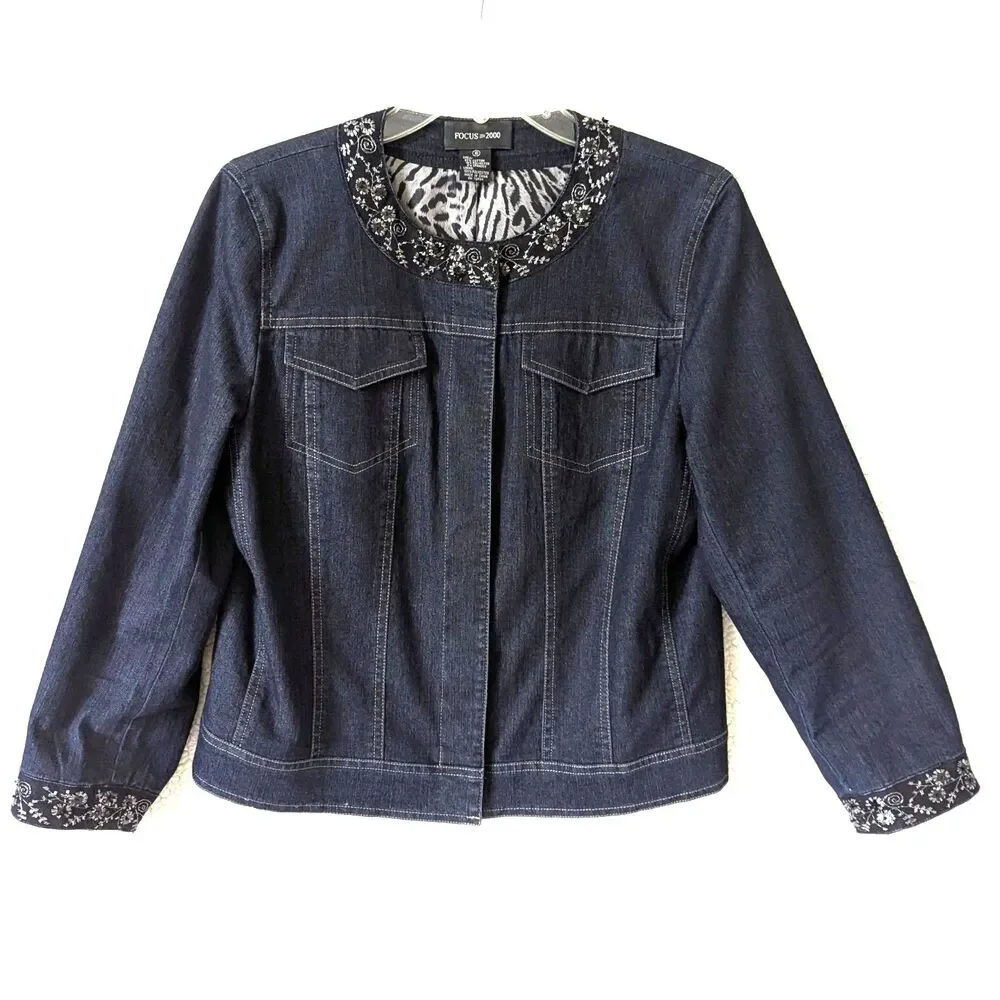 Focus 2000 Vintage Denim Jacket 10 Dark Wash Embroidered Sequin Collar Y2K